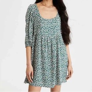 American Eagle Babydoll Ditsy Daisy Open Back Green White Women Dress size S